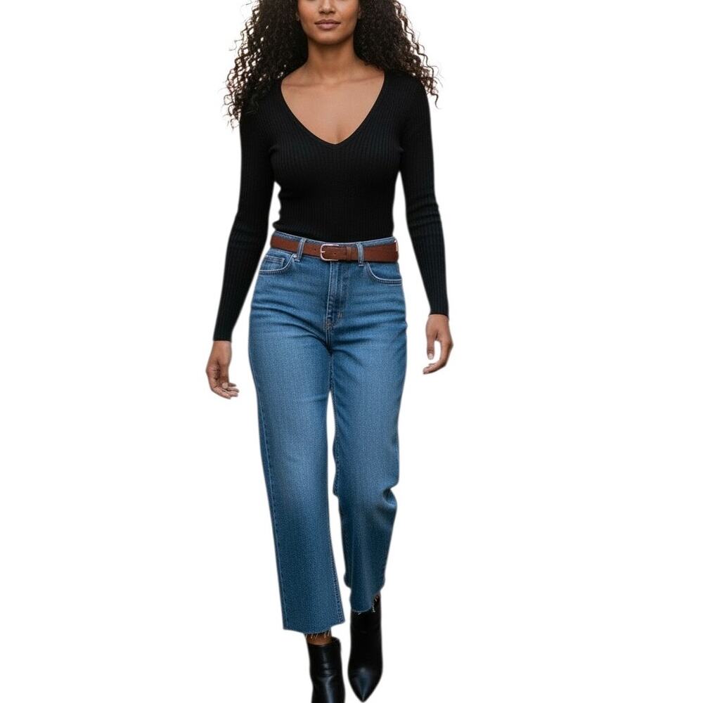 Better Be Ribbed V-Neck, V-Back Long Sleeve Sweater Top, Black, Size M
